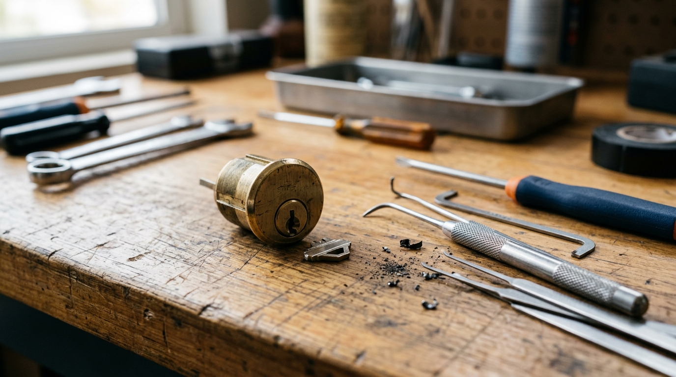 Emergency locksmith tool bench and broken key extraction setup for Locksmith San Diego